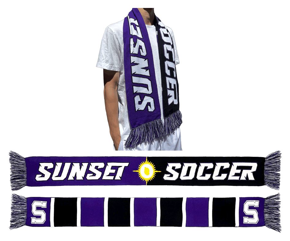 Sunset Soccer limited edition supporter scarf, purple and black with Apollos lettering