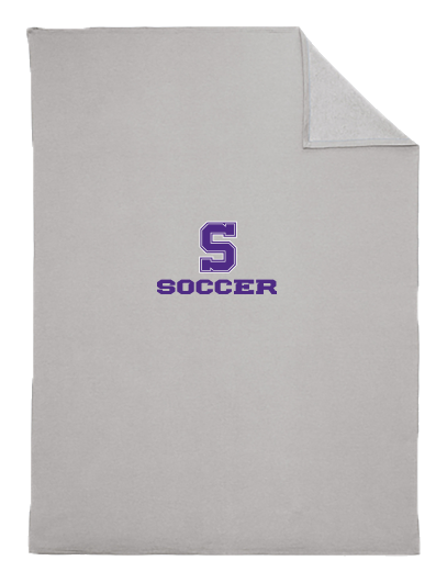 Oversized fleece blanket in Athletic Heather with the Sunset Soccer logo; also available in Jet Black
