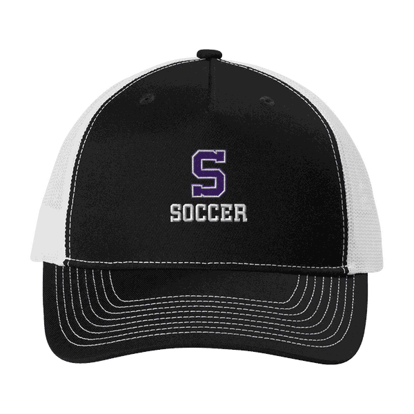 Port Authority trucker cap in black and white with the Sunset Soccer mark