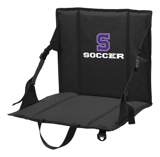 Black folding stadium seat with the Sunset Soccer logo